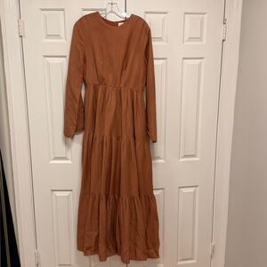 Veiled collection Tala modest Tiered Linen Blend Maxi Dress - Brown